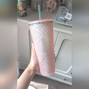 SO CUTE! 🩷 Starbucks Venti Cold Tumbler.  Jeweled Pearl PINK GREEN (rare)